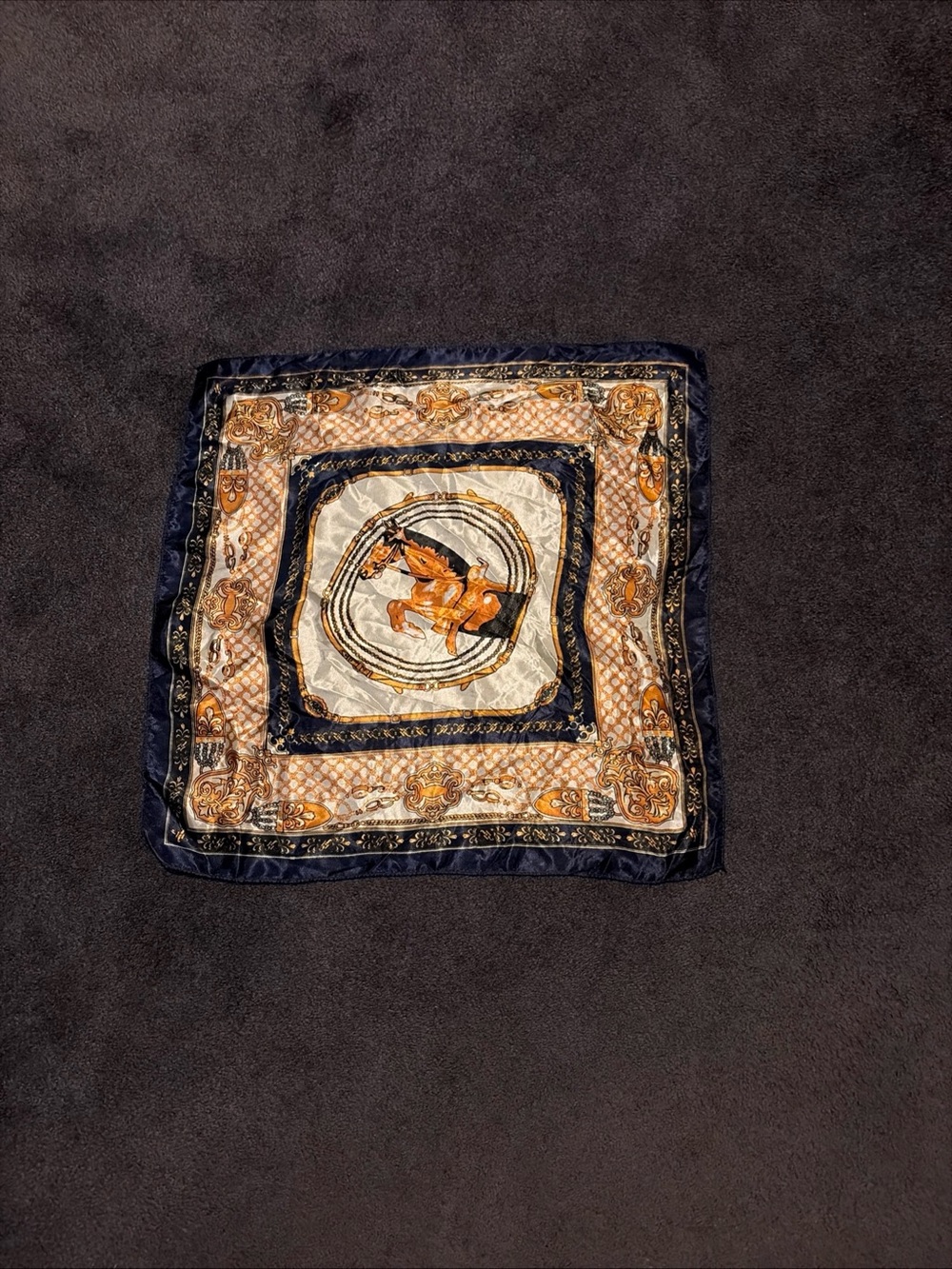 Equestrian Theme Horse Scarf Gold Navy Blue Cream Silk 20"x20" Square